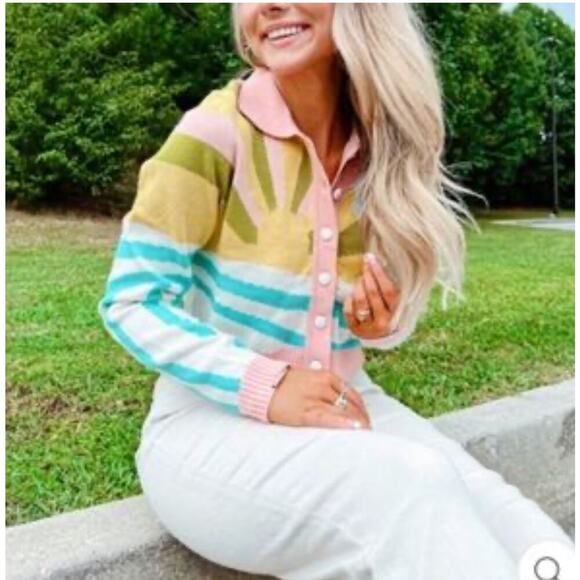 Molly Green Sunny Landscape Collared Cardigan Sweater Women's Size L - Picture 1 of 7